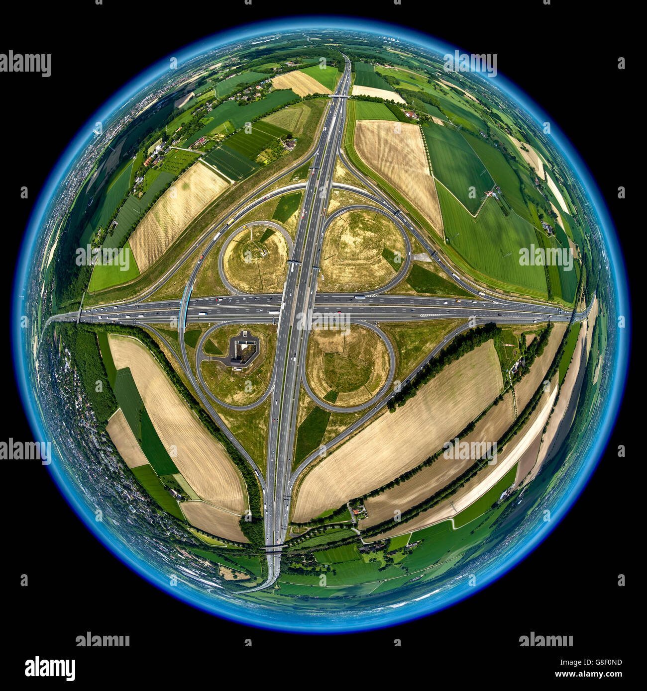 Aerial view, fisheye optics, fisheye lens, overview Kamener Kreuz motorway A2, A1, tangent, Shamrock, overview of Kamen, Kamen, Stock Photo