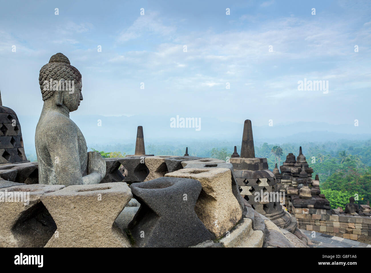 Buddha at Borobudur World Heritage site near Yogyakarta in Indonesia Stock Photo