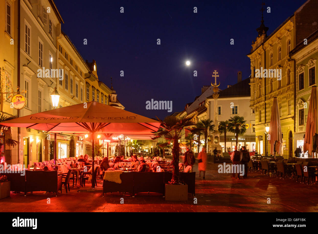 Old square with Trinity Column and full moon, Klagenfurt am Wörthersee, Austria, Kärnten, Carinthia, Stock Photo