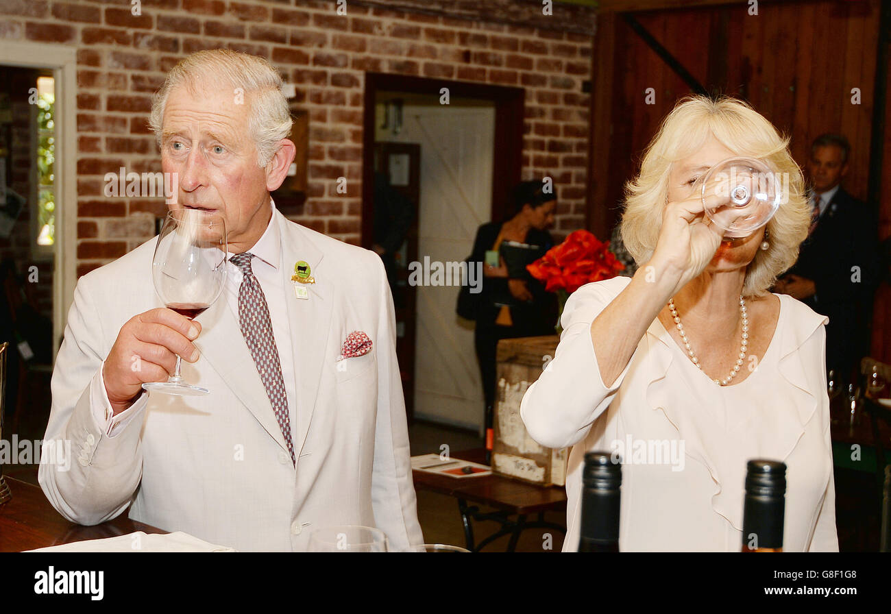 The Prince of Wales who is sixty seven years old today, with the Duchess of Cornwall, as they try some of the produce of the Oranje Tractor Winery, outside Albany in southern Australia. Stock Photo