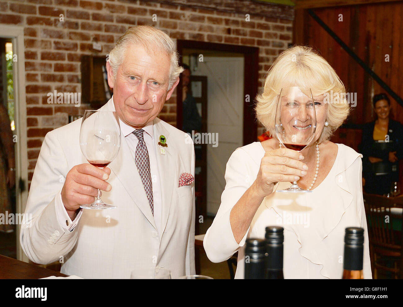 The Prince of Wales who is sixty seven years old today, with the Duchess of Cornwall, before they try some of the produce of the Oranje Tractor Winery, outside Albany in southern Australia. Stock Photo