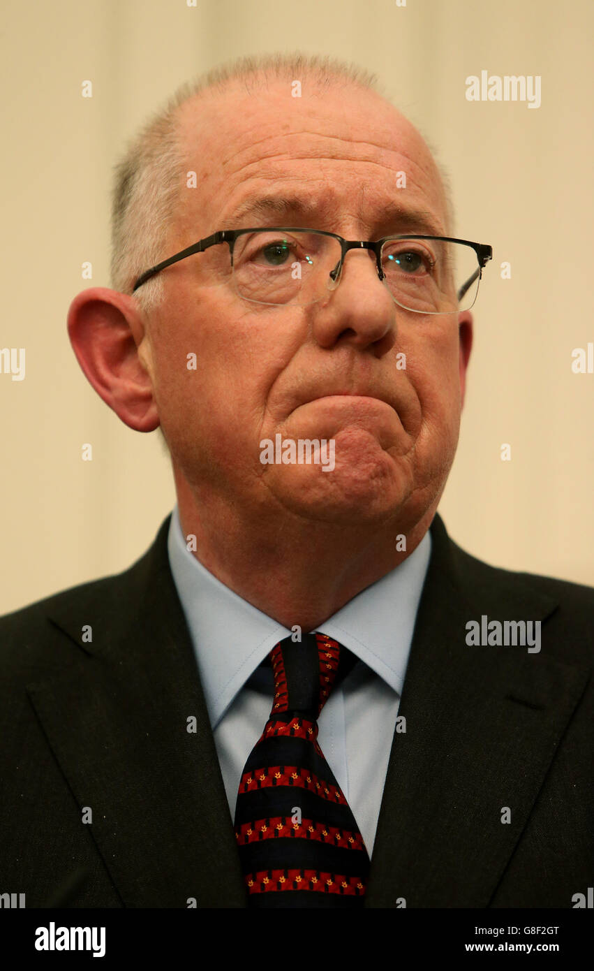Irish Minister for Foreign Affairs Charlie Flanagan speaks at a press conference at Stormont House in Belfast after a deal to salvage Northern Ireland's crisis-hit power-sharing administration was announced. Stock Photo