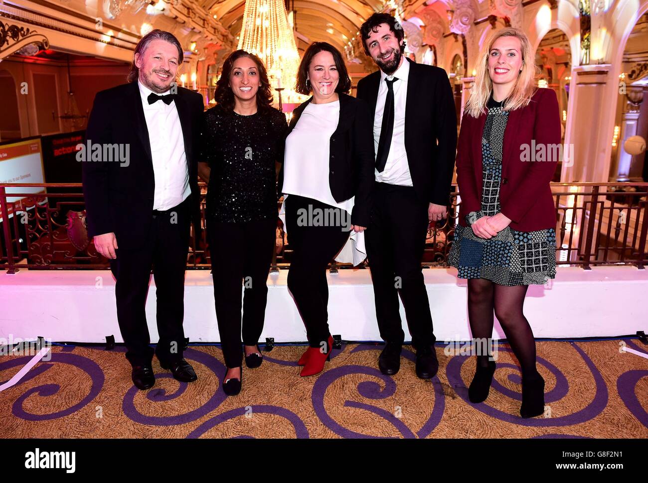 (Left to right) Richard Herring, Shazia Mirza, Arabella Weir, Mark Watson and Sara Pascoe attending the Winter Comedy Gala in aid of ActionAid at the Grand Connaught Rooms in London. Stock Photo