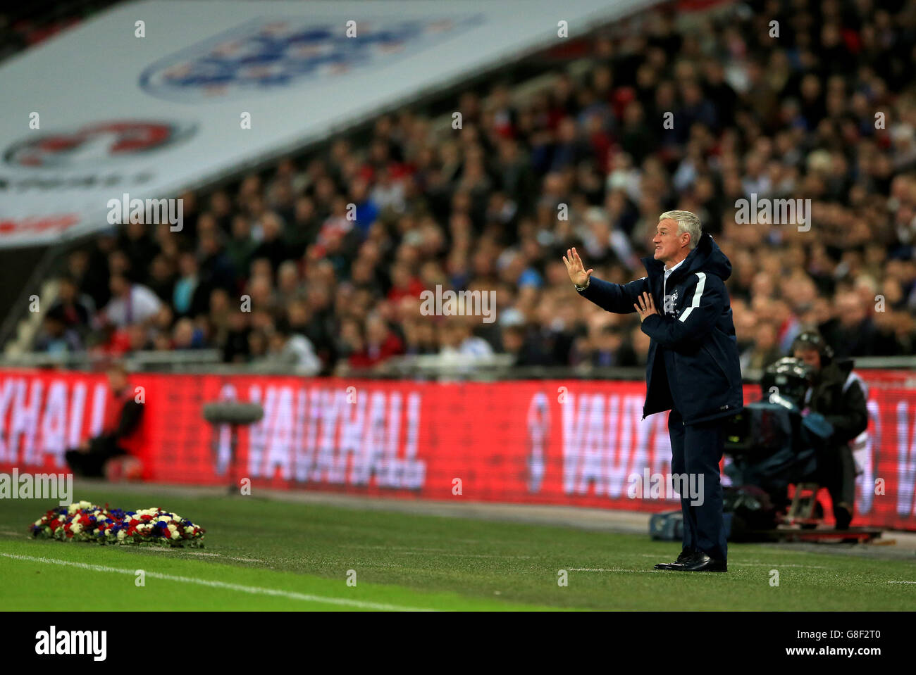 France manager Didier Deschamps on the touchline during the international friendly match at Wembley Stadium, London. Stock Photo