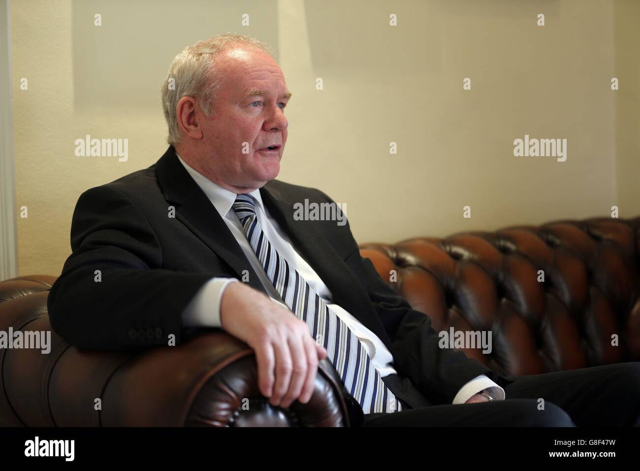 Northern Ireland Deputy First Minister Martin McGuinness speaks about Peter Robinson's decision to step down as Northern Ireland First Minister at Stormont Castle. Stock Photo