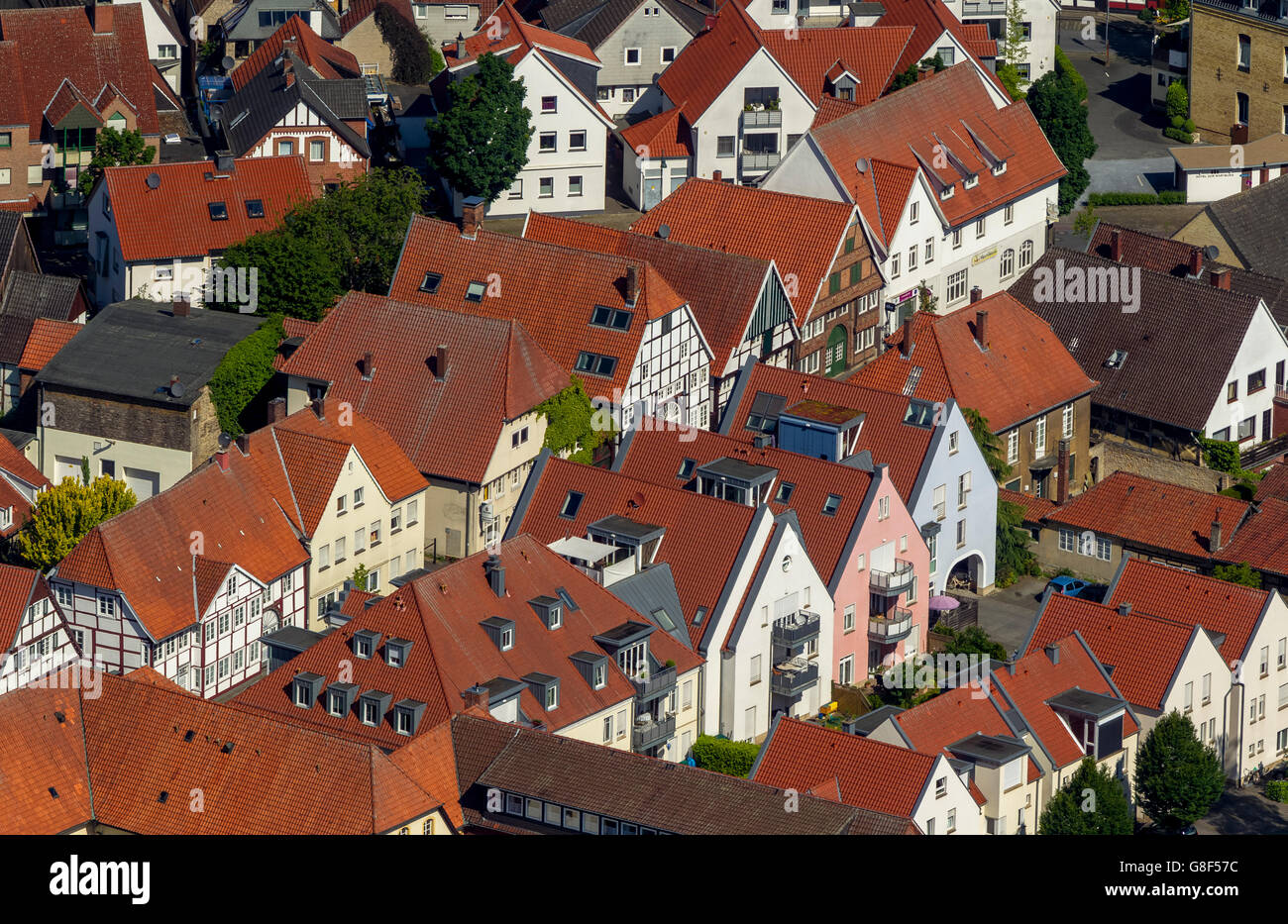 Aerial view, historic halftimbered houses on Long Street, Rheda