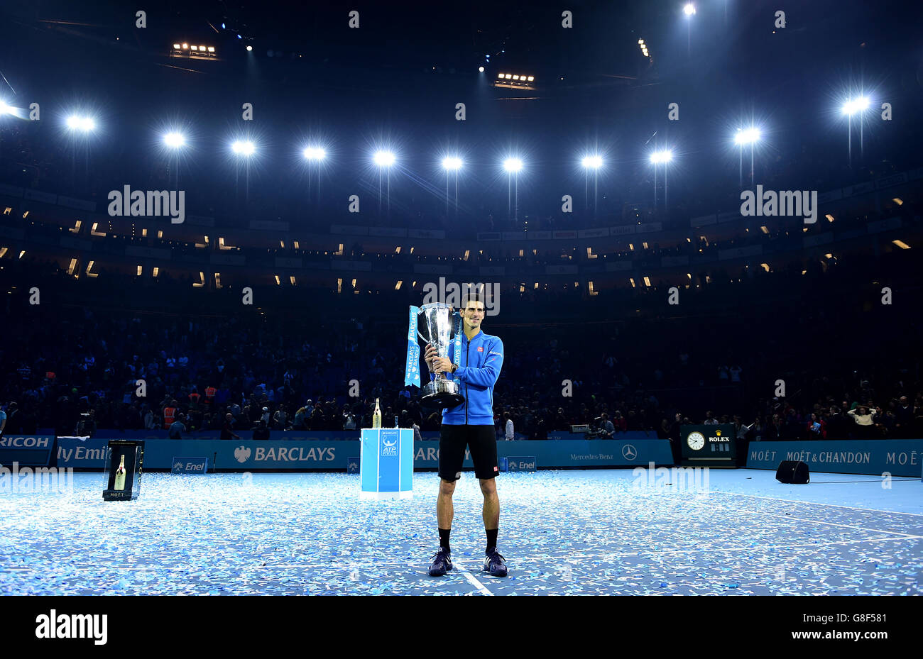 Serbia's Novak Djokovic celebrates winning the Final of the ATP World Tour Finals at the O2 Arena, London. PRESS ASSSOCIATION Photo. Picture date: Sunday November 22, 2015. See PA story TENNIS London. Photo credit should read: Adam Davy/PA Wire. RESTRICTIONS: , No commercial use without prior permission, please contact PA Images for further information: Tel: +44 (0) 115 8447447. Stock Photo