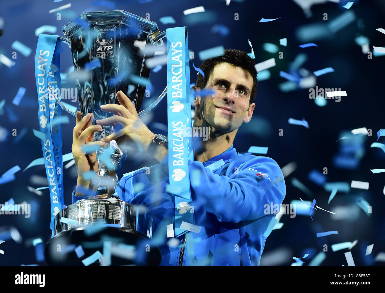 Serbia's Novak Djokovic celebrates winning the Final of the ATP World Tour Finals at the O2 Arena, London. PRESS ASSSOCIATION Photo. Picture date: Sunday November 22, 2015. See PA story TENNIS London. Photo credit should read: Adam Davy/PA Wire. Stock Photo