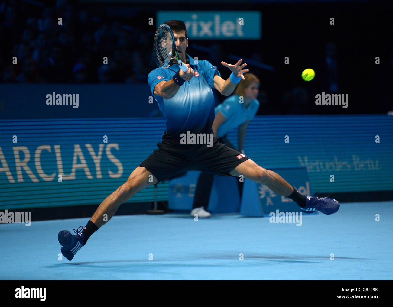 Serbia's Novak Djokovic during the Final of the ATP World Tour Finals at the O2 Arena, London. PRESS ASSSOCIATION Photo. Picture date: Sunday November 22, 2015. See PA story TENNIS London. Photo credit should read: Adam Davy/PA Wire. Stock Photo