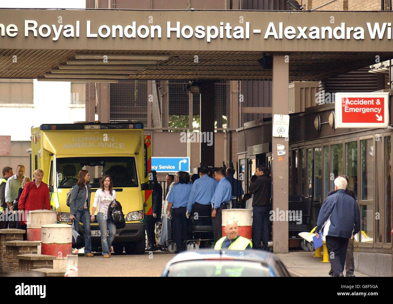A London Ambulance arrives at the Royal london Hospital in Whitechapel, where the injured are being brought from the Aldgate Tube station. Stock Photo