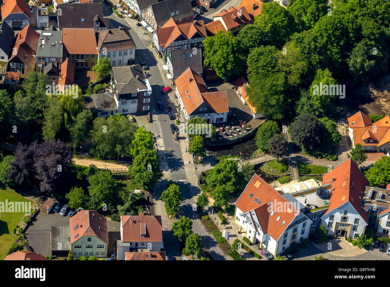 Aerial view, City Mill, North Gate, EMS poor, EMS island, Stadtgrabenzufluß, Monument Square, Rietberg, East Westphalia, Stock Photo