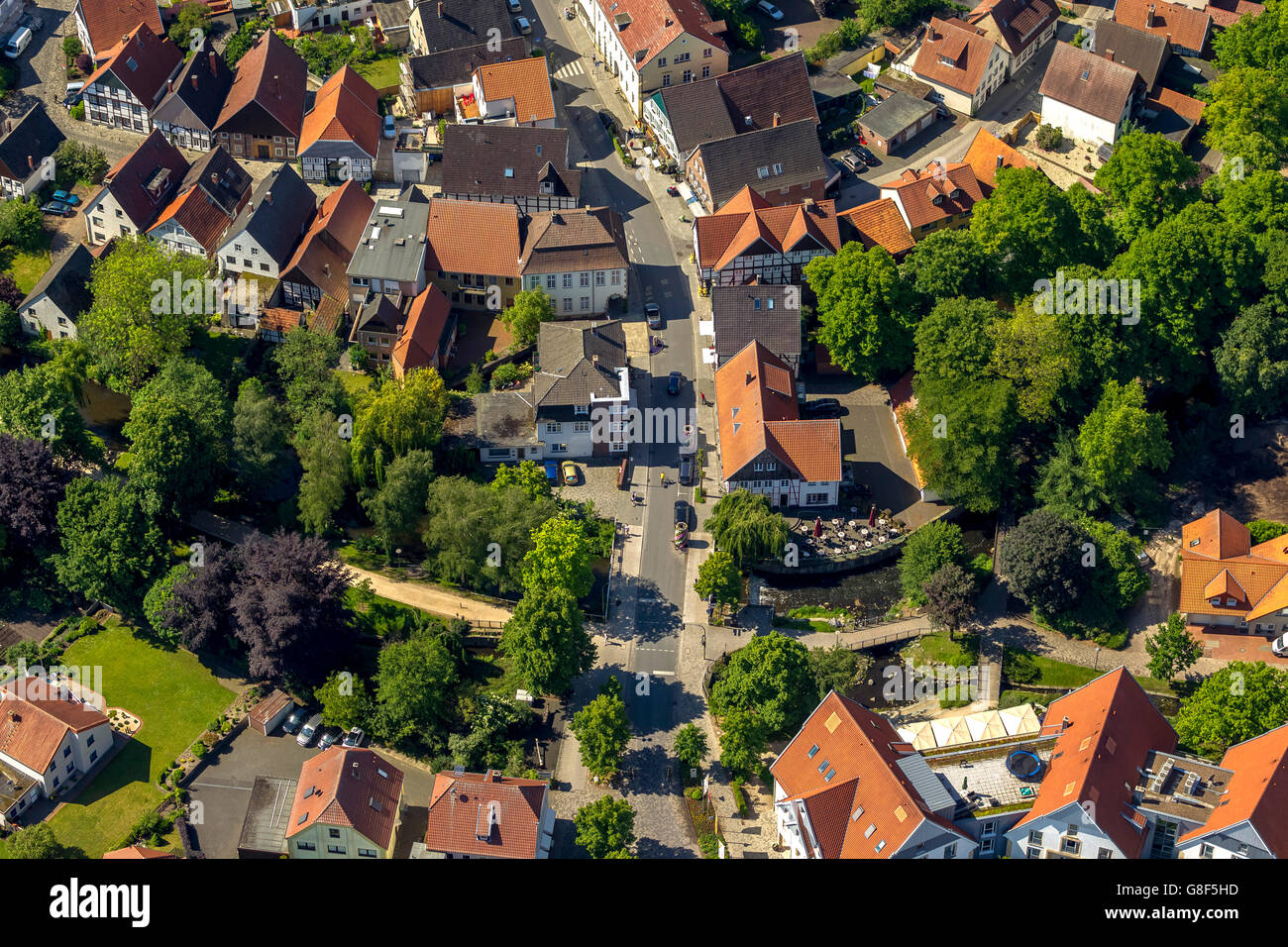 Aerial view, City Mill, North Gate, EMS poor, EMS island, Stadtgrabenzufluß, Monument Square, Rietberg, East Westphalia, Stock Photo