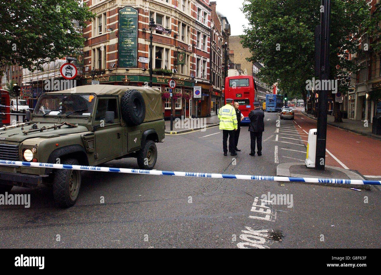 An Army Land Rover is parked inside a police cordon at Cambridge Circus, during a security alert in London after a bomb ripped through a double decker bus. Explosions today ripped through central London, with scores feared dead and the city plunged into chaos. Stock Photo