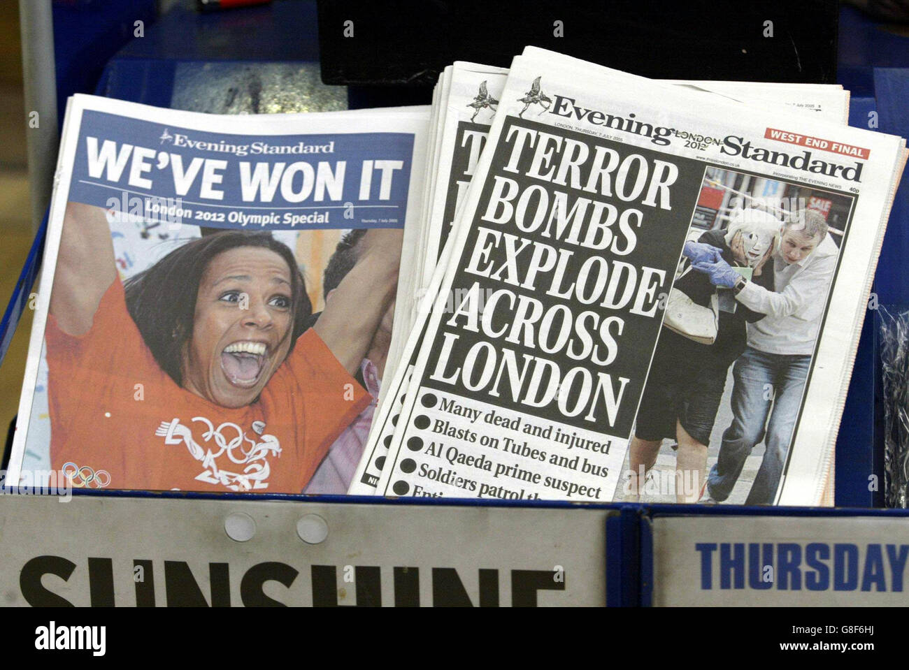 London's Evening Standard with the major stories of the last 24 hours on sale outside Paddington Station. Stock Photo