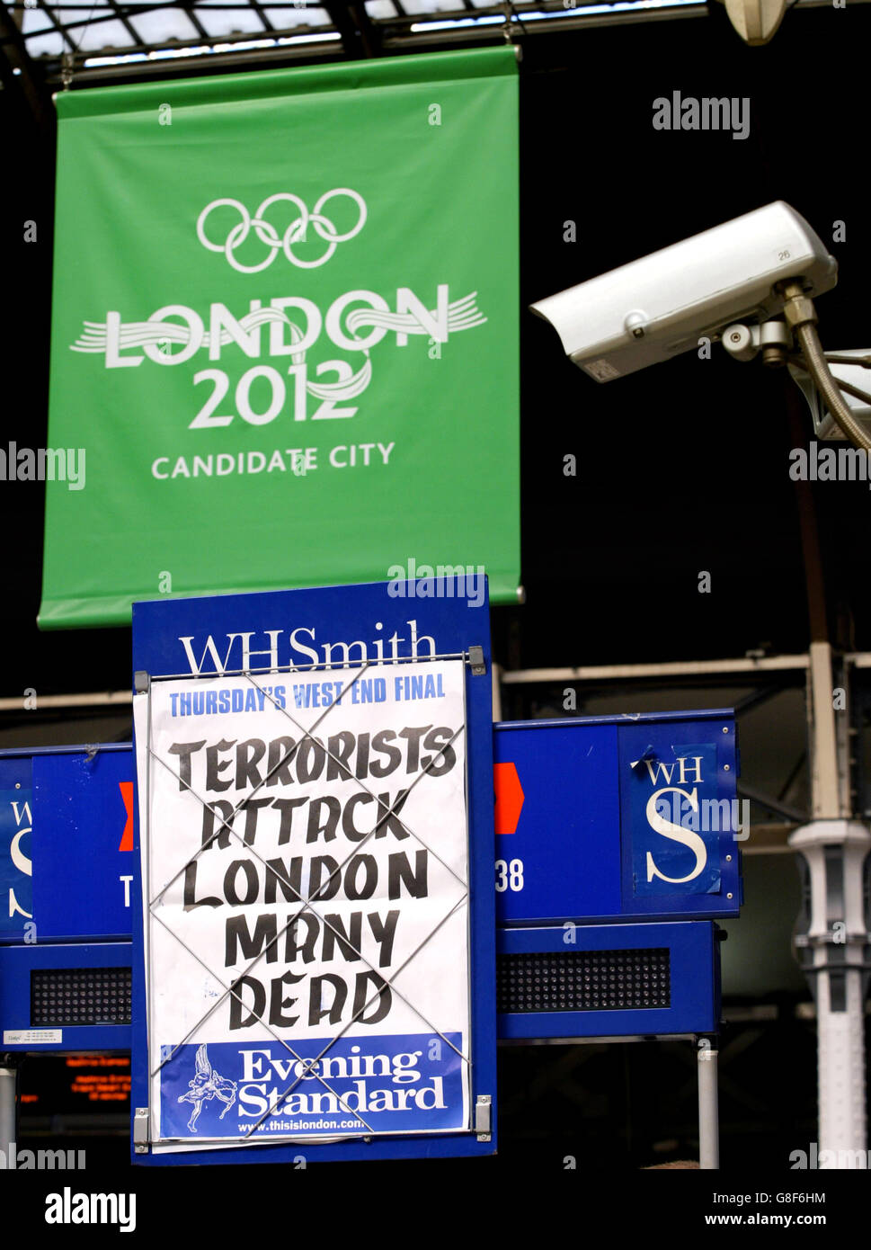 London's Evening Standard with the major stories of the last 24 hours on sale outside Paddington Station. Stock Photo