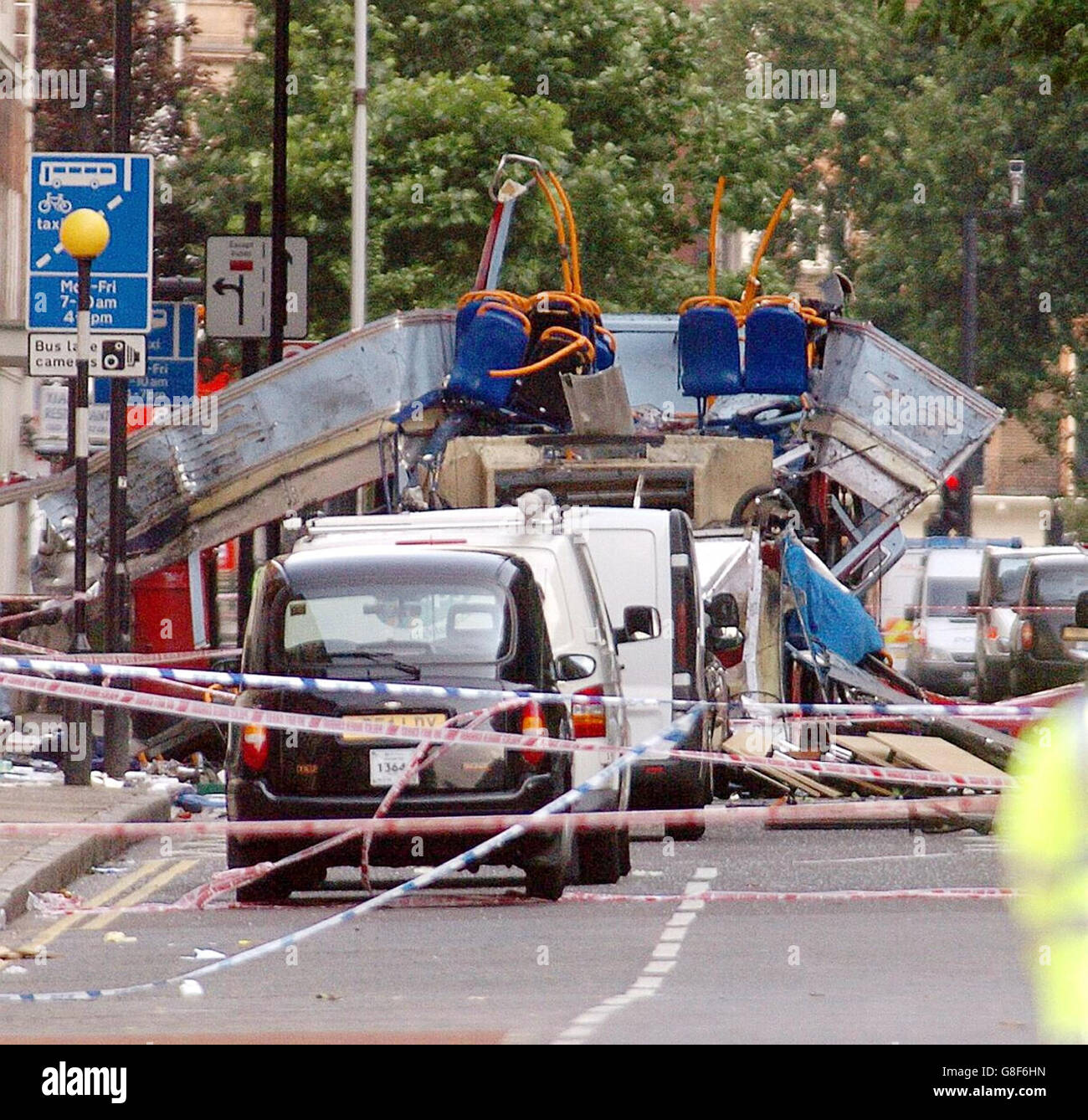 London Terrorist Attacks. The scene in Tavistock Square, after a bomb ripped through a double decker bus. Stock Photo
