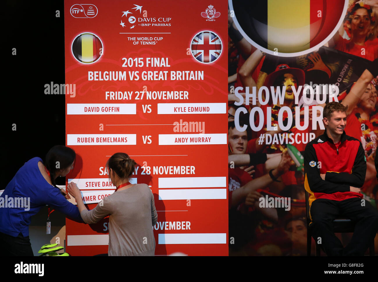 Names are put on the on a board for the Davis Cup draw during a press ...