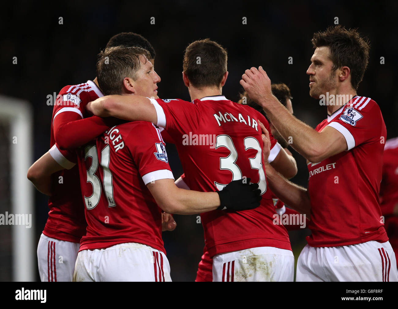 Manchester United's Bastian Schweinsteiger (left) celebrates scoring his side's first goal of the game during the Barclays Premier League match at the King Power Stadium, Leicester. Stock Photo