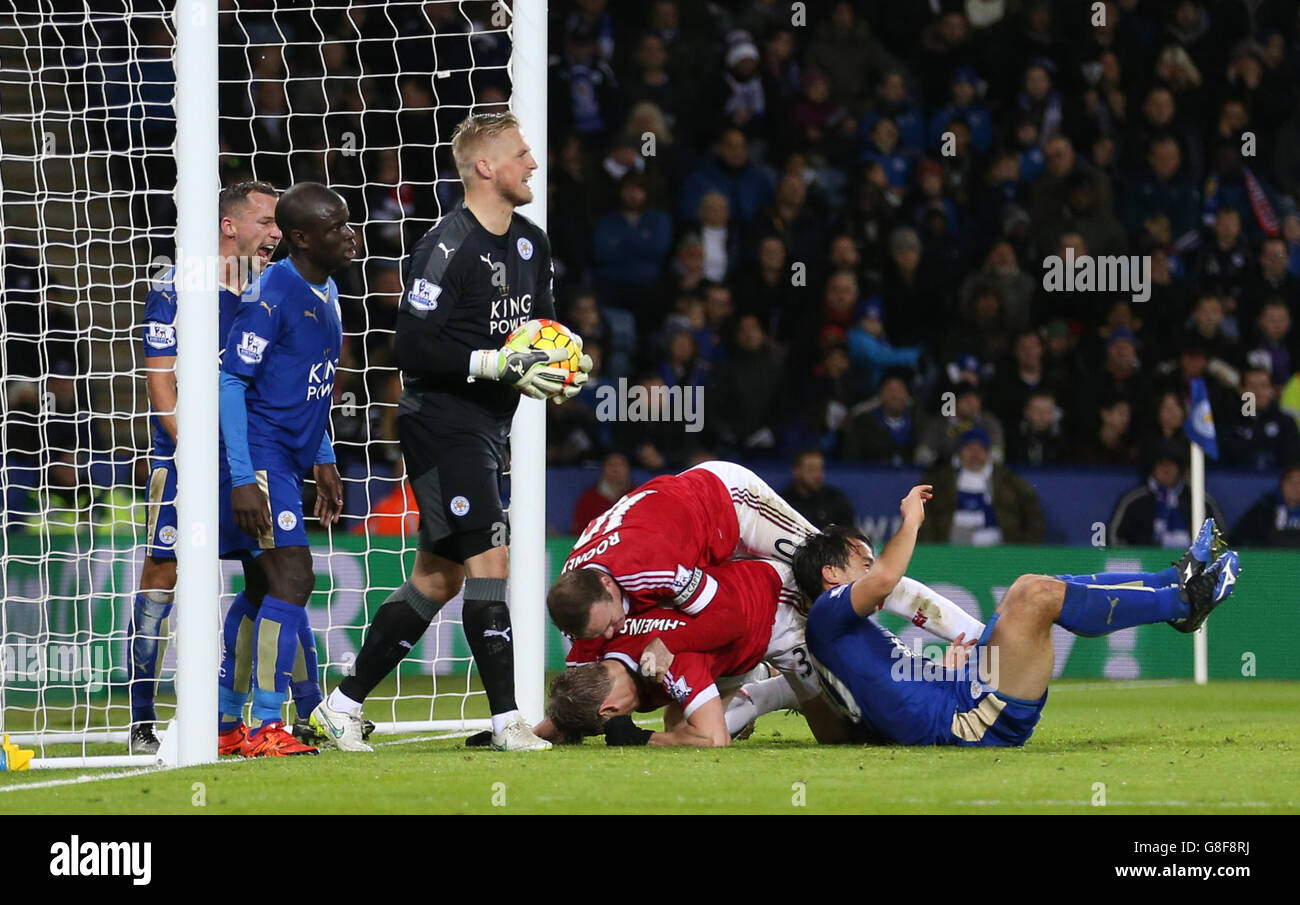 Manchester United's Bastian Schweinsteiger (bottom) celebrates scoring his side's first goal of the game during the Barclays Premier League match at the King Power Stadium, Leicester. Stock Photo