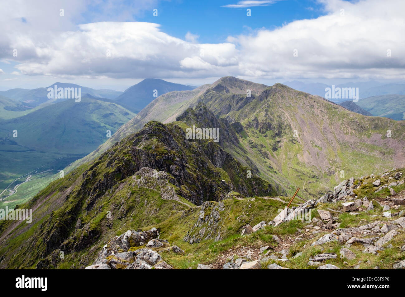 View west on Aonach Eagach mountain (Notched Ridge) seen from Meall Dearg above Pass of Glen Coe in Scottish Highlands. Glencoe Highland Scotland UK Stock Photo