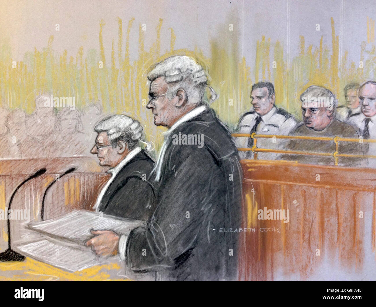 Court artist sketch by Elizabeth Cook of Roger Thomas QC for the prosecution, watched by defence QC Malcolm Bruce, making his opening address as Christopher May sits in the dock at Cardiff Crown Court where he is on trial for the murder of Tracey Woodford. Stock Photo