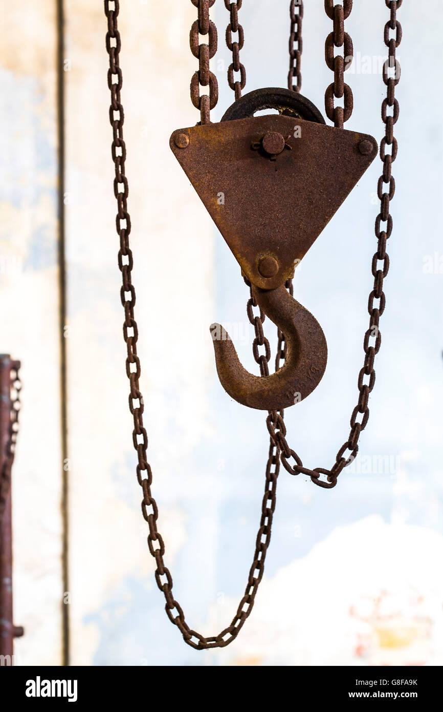 Hook and chains of an old industrial crane Stock Photo Alamy