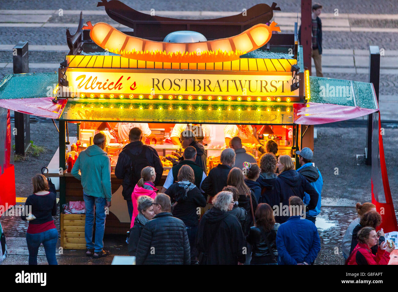 Typical German Bratwurst stand, mobile fast food restaurant, grilled