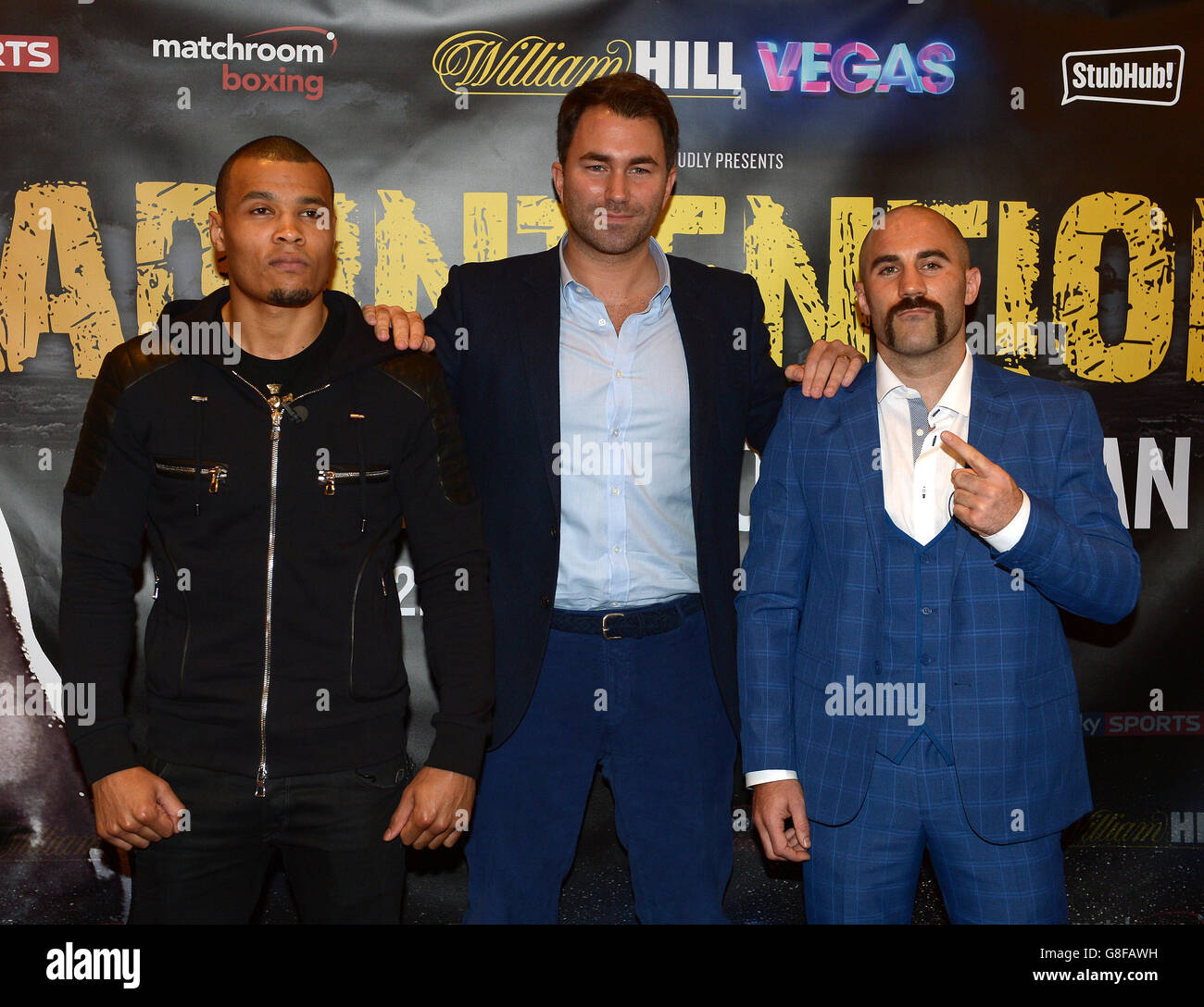 Chris Eubank, Jr. (left) and Spike O'Sullivan (right) with promotor Eddie Hearn (centre) during a press conference at Trinity House, London. Stock Photo