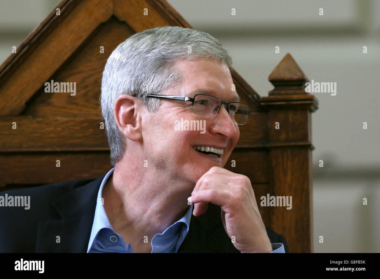 Apple chief executive Tim Cook at Trinity College in Dublin where he was presented with the Gold Medal of Honorary Patronage from Trinity's philosophical society. Stock Photo