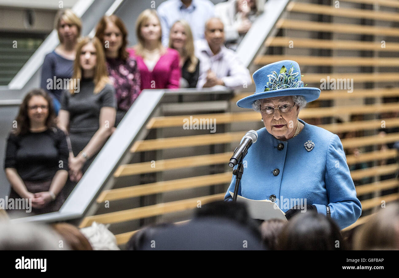 Queen Elizabeth II makes a speech during a tour of the Home Office building in London, ahead of the10th Civil Service Awards presentation at Buckingham Palace. Stock Photo