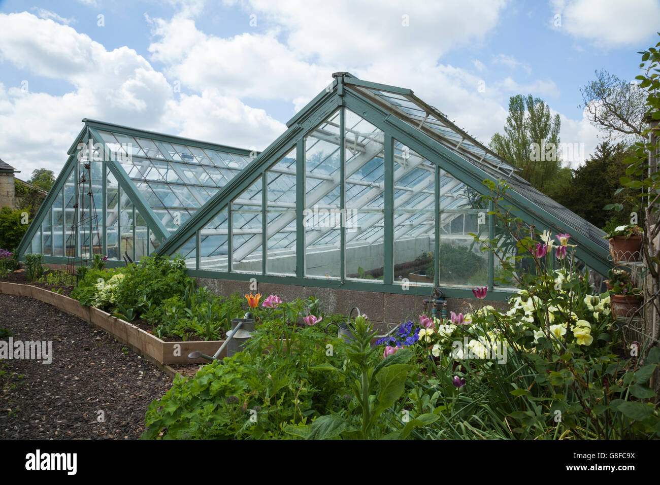 A pair of Aframe greenhouses bordered by raised flowerbeds of cottage