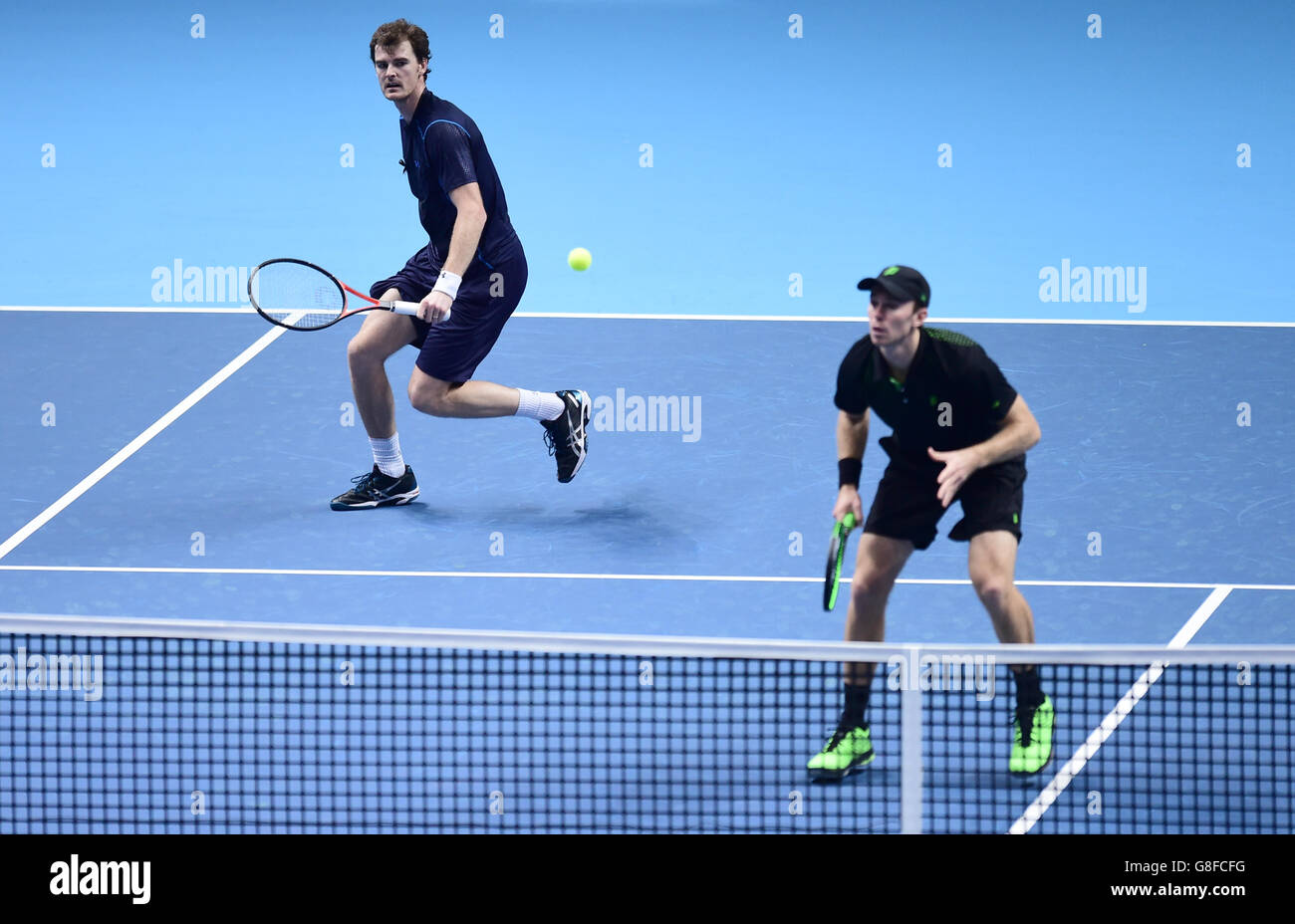 Great Britain's Jamie Murray and Australia's John Peers in doubles during day one of the ATP World Tour Finals at the O2 Arena, London. PRESS ASSSOCIATION Photo. Picture date: Sunday November 15, 2015. See PA story TENNIS London. Photo credit should read: Adam Davy/PA Wire Stock Photo