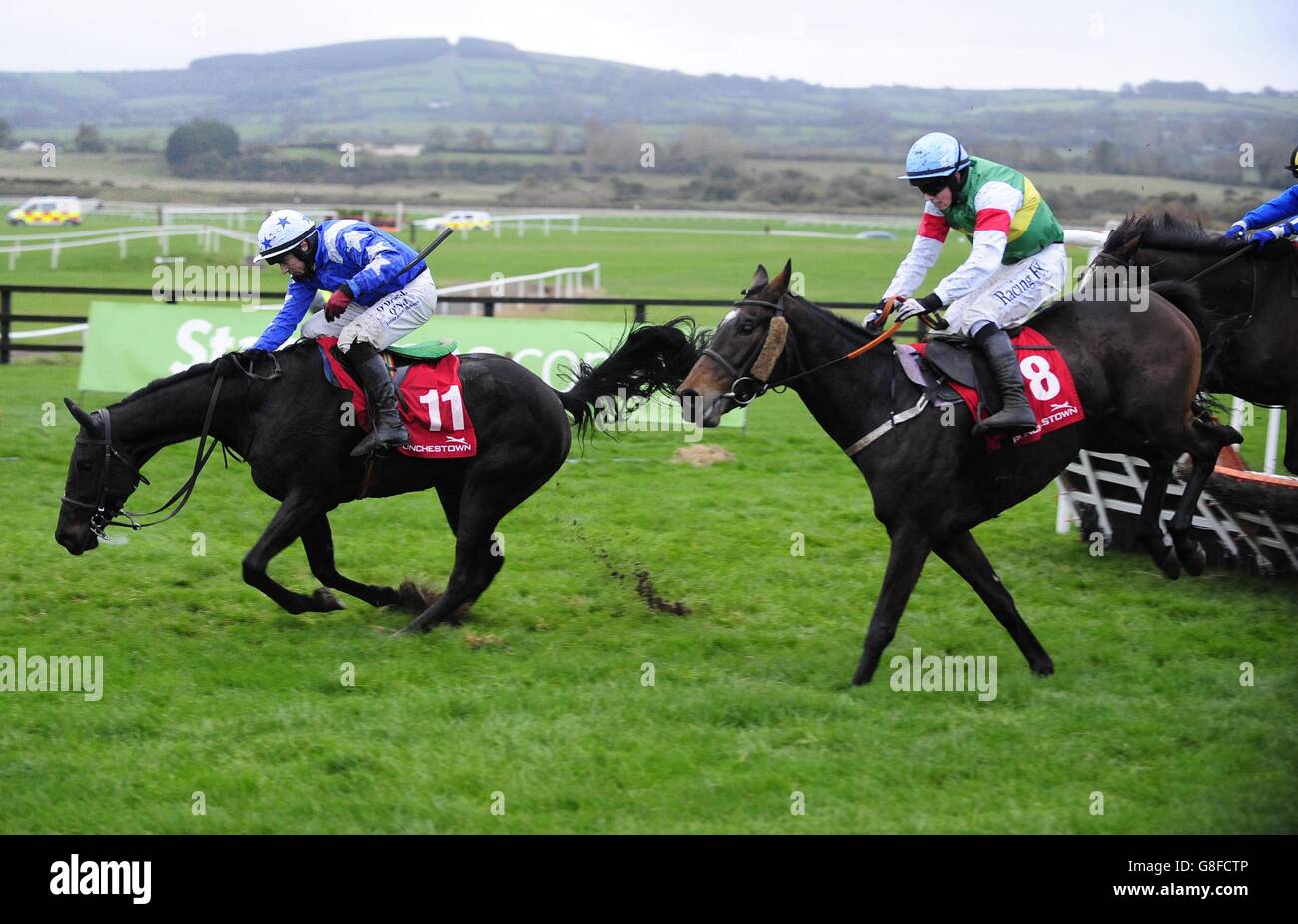 Steel Wave ridden by Mark Enright (left) survives a stumble at the final hurdle to win the Flynn & Lynch Life And Pensions Supporting Longford GAA Handicap Hurdle during day two of the Winter Festival at Punchestown Racecourse, Co. Kildare, Ireland. Stock Photo