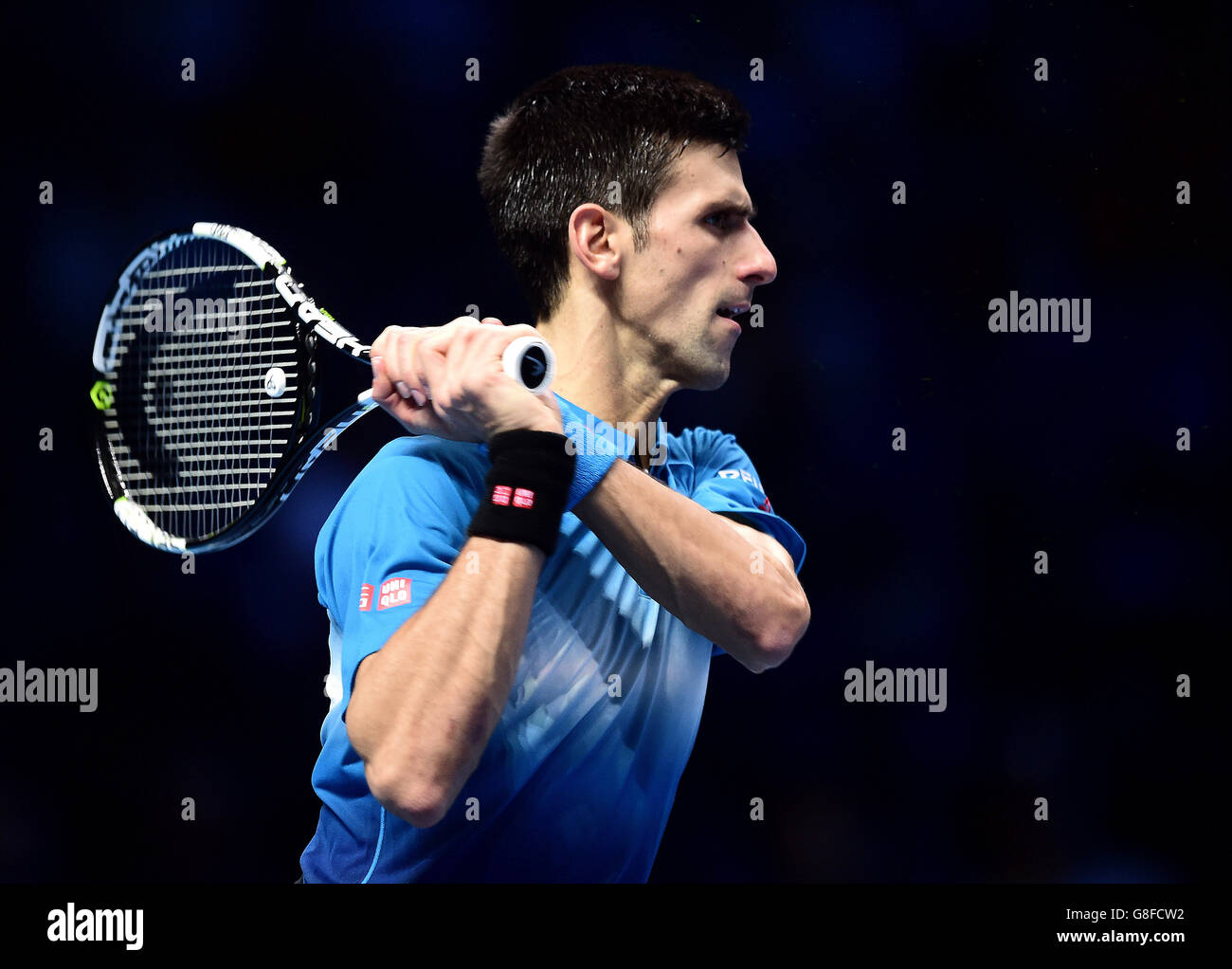 Serbia's Novak Djokovic in action during day one of the ATP World Tour Finals at the O2 Arena, London. PRESS ASSSOCIATION Photo. Picture date: Sunday November 15, 2015. See PA story TENNIS London. Photo credit should read: Adam Davy/PA Wire Stock Photo
