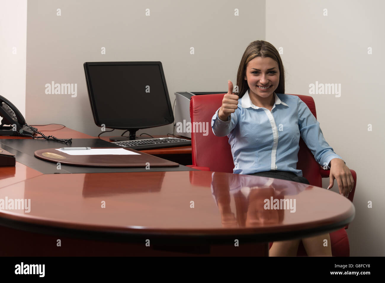 Happy Smiling Cheerful Business Woman In Office Showing Thumbs Up ...