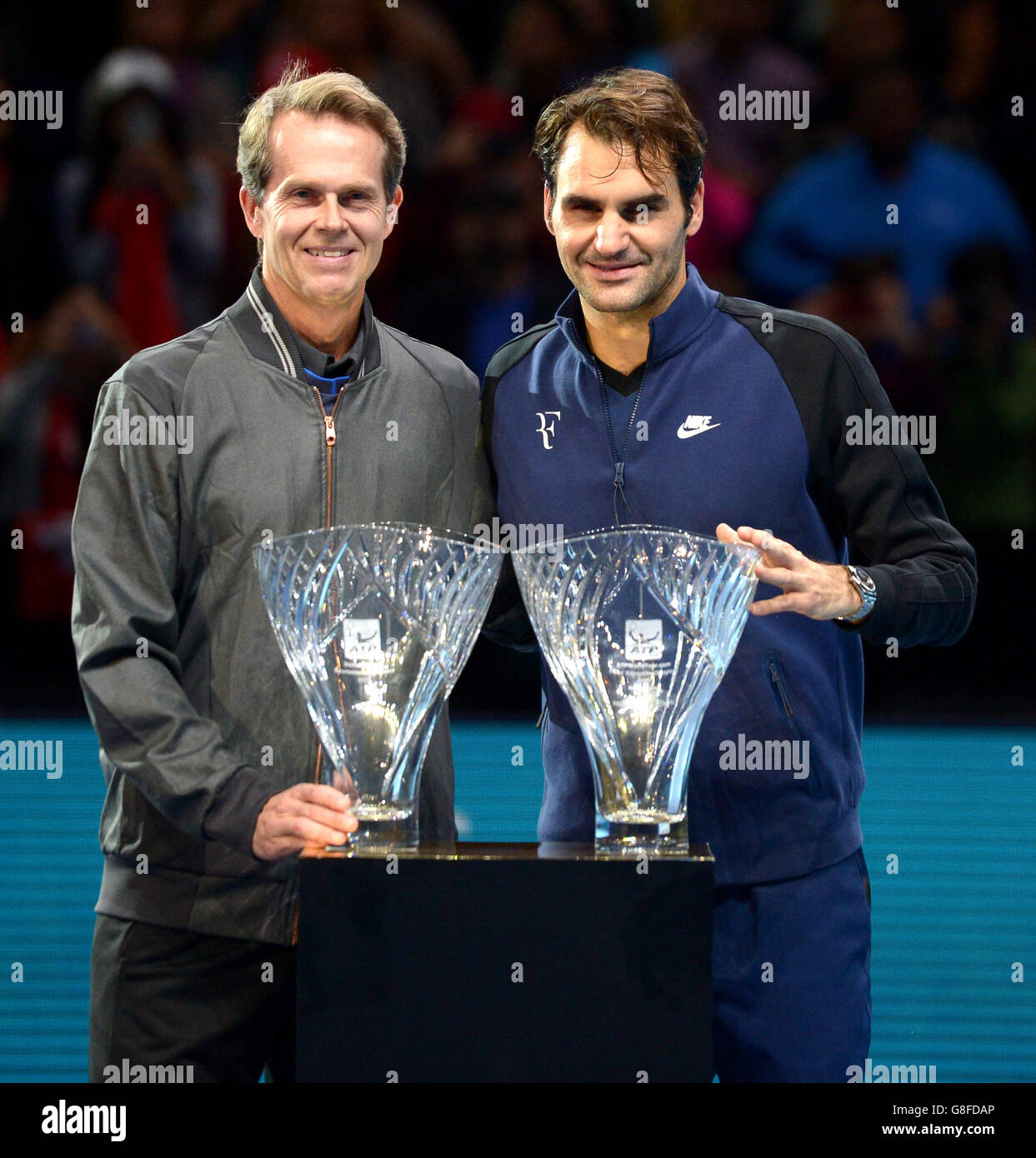 Switzerland's Roger Federer (right) and trainer Stefan Edberg with the trophies for 'Fans Favourite' and 'Stefan Edberg Sportsman of the Year' during day one of the ATP World Tour Finals at the O2 Arena, London. PRESS ASSSOCIATION Photo. Picture date: Sunday November 15, 2015. See PA story TENNIS London. Photo credit should read: Adam Davy/PA Wire Stock Photo