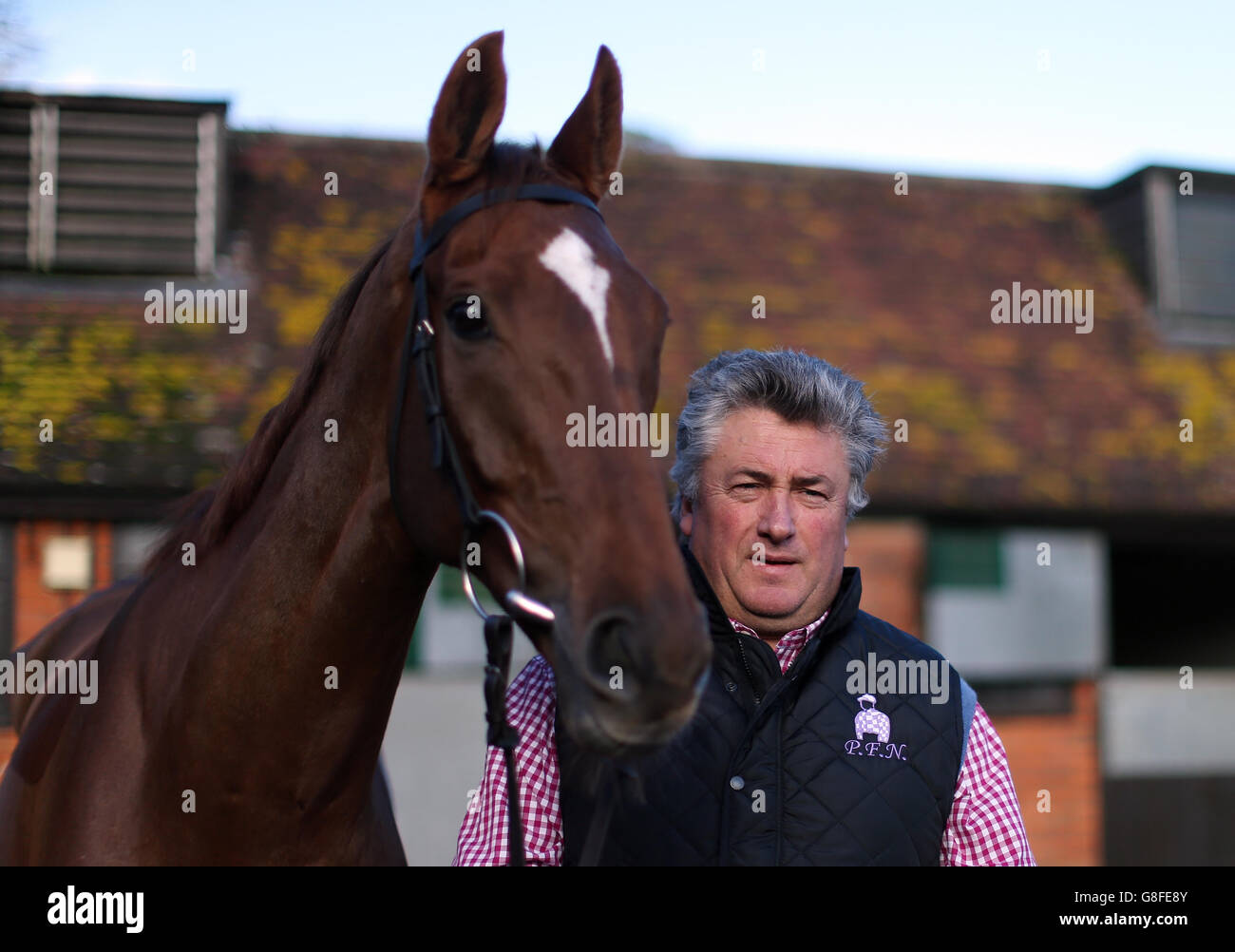 Trainer Paul Nicholls with Silviniaco Conti at Manor Farm Stables, Ditcheat, Somerset. Stock Photo