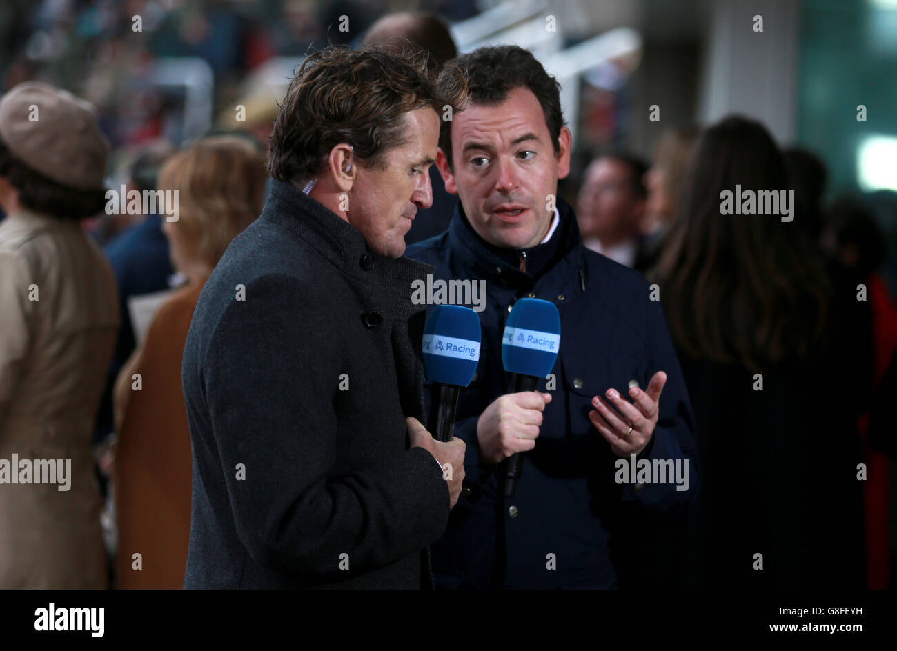 Tony McCoy in his role as Channel 4 pundit alongside Nick Luck (right) during day two of The Open at Cheltenham racecourse, Cheltenham. Stock Photo