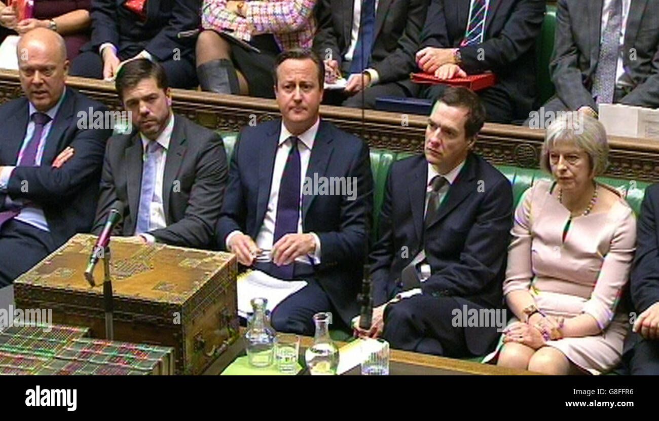 (From the left) Leader of the Commons Chris Grayling, Wales Secretary Stephen Crabb, Prime Minister David Cameron, Chancellor George Osborne and Home Secretary Theresa May look on during Prime Minister's Questions in the House of Commons, London. Stock Photo