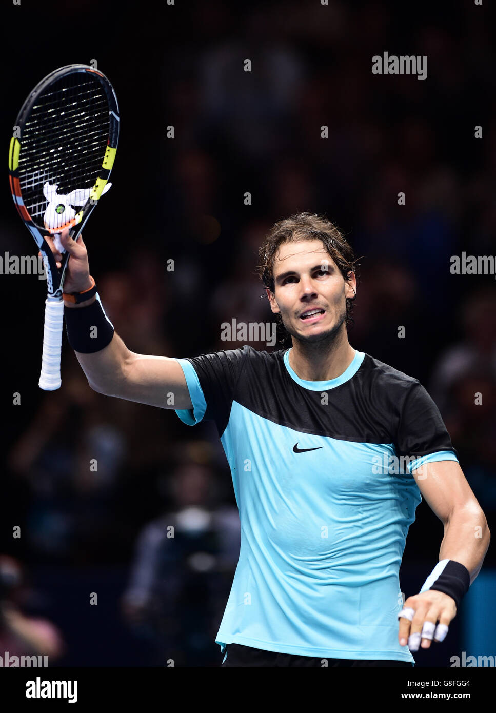 Spain's Rafael Nadal celebrates his win during day four of the ATP World Tour Finals at the O2 Arena, London. PRESS ASSSOCIATION Photo. Picture date: Wednesday November 18, 2015. See PA story TENNIS London. Photo credit should read: Adam Davy/PA Wire. Stock Photo