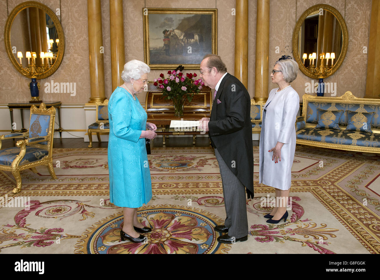 Queen Elizabeth II grants the Ambassador of Ecuador Carlos Abad Ortiz an audience as he presents his credentials at Buckingham Palace, London. Stock Photo