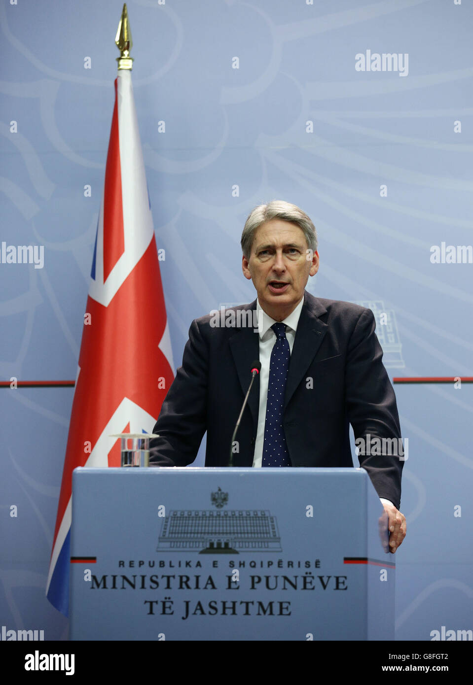 Foreign Secretary Philip Hammond during a bilateral press conference with Albania Foreign Minister Ditmir Bushati (not pictured) at the Ministry of Foreign Affairs in Tirana, Albania. Stock Photo