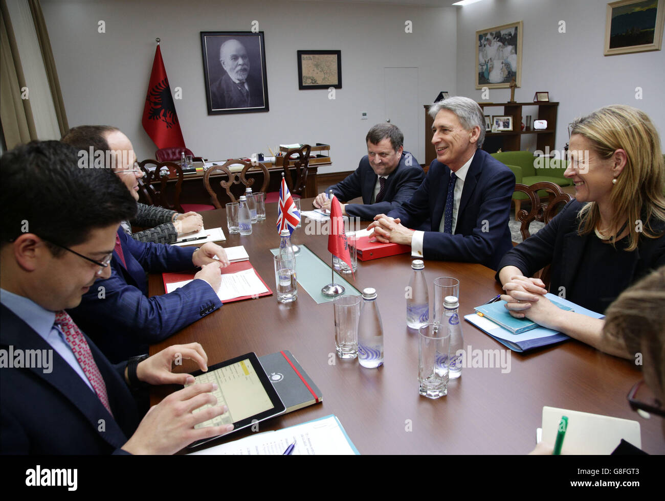 Foreign Secretary Philip Hammond (right) with Albania Foreign Minister Ditmir Bushati (top left) during a meeting at the Ministry of Foreign Affairs in Tirana, Albania. Stock Photo