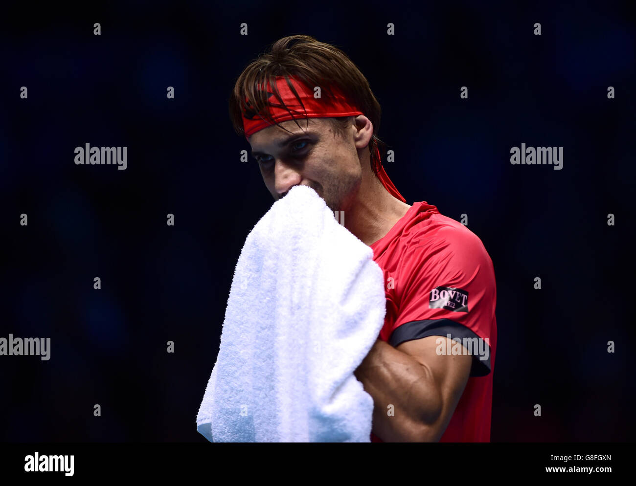 Spain's David Ferrer after losing the first set during day four of the ATP World Tour Finals at the O2 Arena, London. PRESS ASSSOCIATION Photo. Picture date: Wednesday November 18, 2015. See PA story TENNIS London. Photo credit should read: Adam Davy/PA Wire. Stock Photo