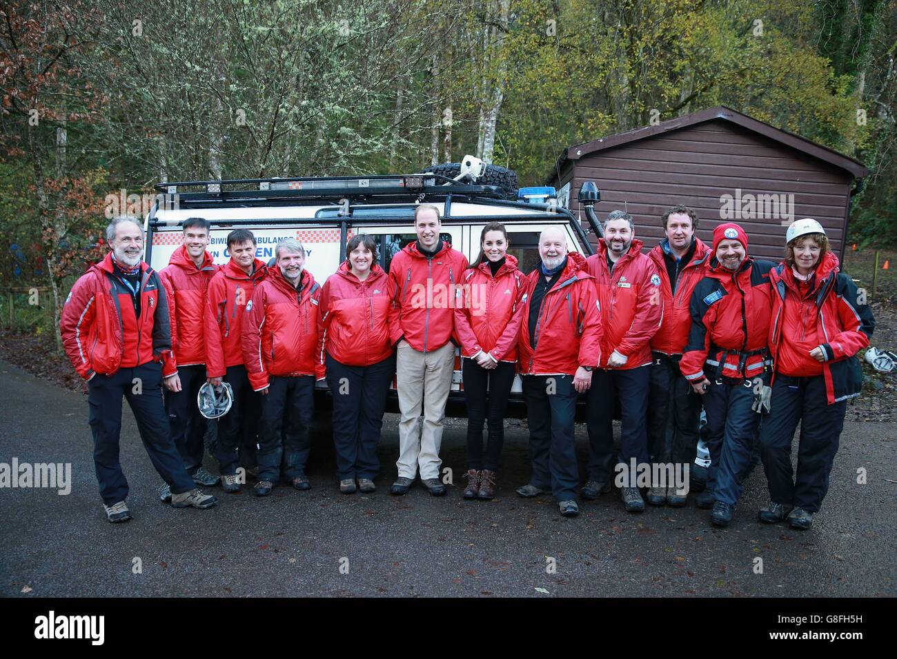 The Duke and Duchess of Cambridge meet mountain rescue personnel during a visit to the Towers Residential Outdoor Education Centre in Capel Curig, North Wales. Stock Photo