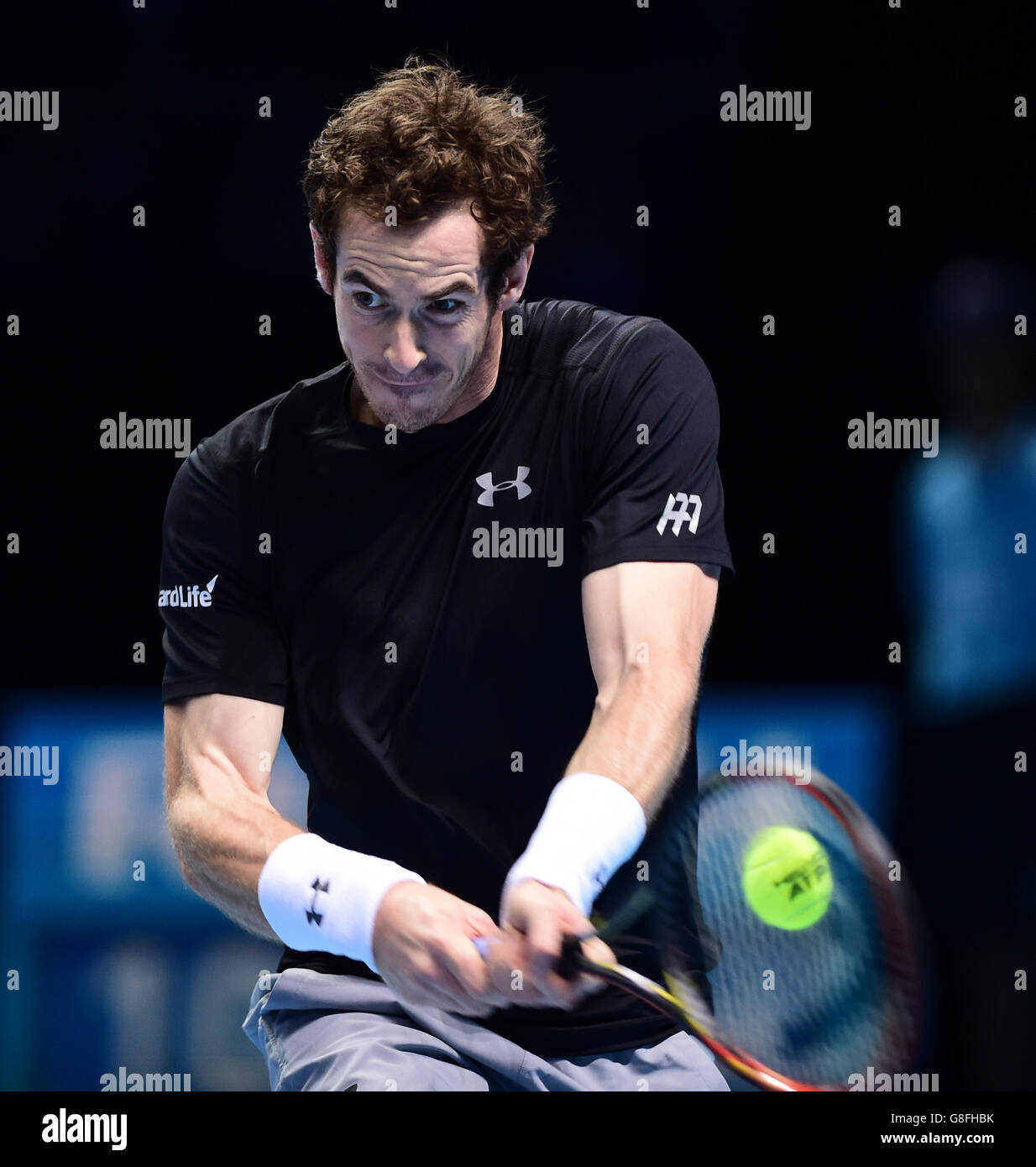 Andy Murray during day six of the ATP World Tour Finals at the O2 Arena, London. PRESS ASSSOCIATION Photo. Picture date: Friday November 20, 2015. See PA story TENNIS London. Photo credit should read: Adam Davy/PA Wire. RESTRICTIONS: , No commercial use without prior permission, please contact PA Images for further information: Tel: +44 (0) 115 8447447. Stock Photo