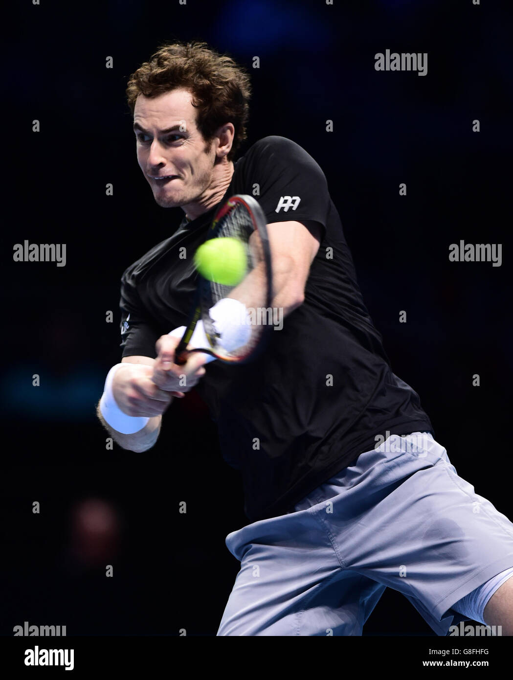 Andy Murray during day six of the ATP World Tour Finals at the O2 Arena, London. PRESS ASSSOCIATION Photo. Picture date: Friday November 20, 2015. See PA story TENNIS London. Photo credit should read: Adam Davy/PA Wire. RESTRICTIONS: , No commercial use without prior permission, please contact PA Images for further information: Tel: +44 (0) 115 8447447. Stock Photo
