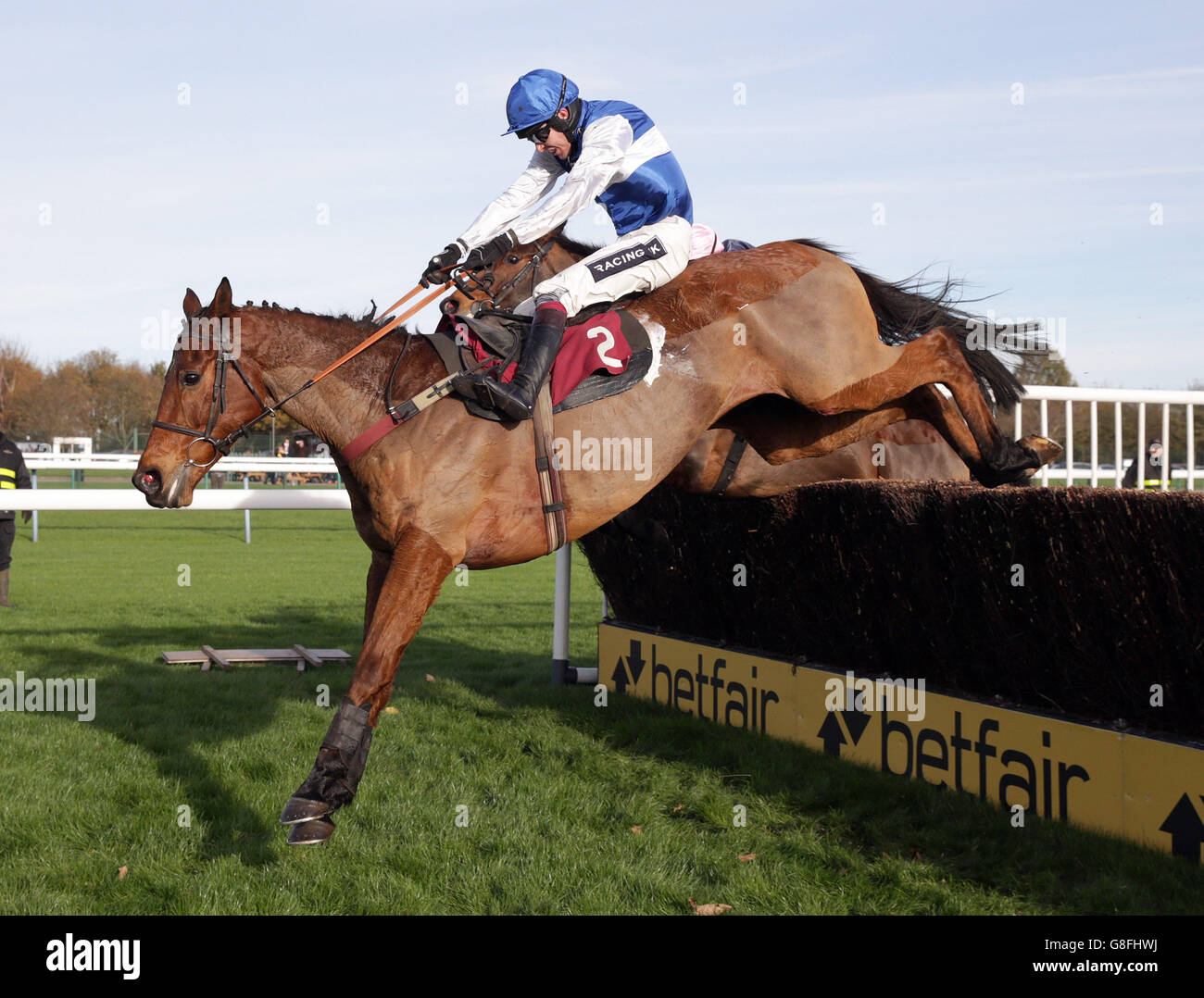 Emperor's Choice ridden by Aidan Coleman clears the last hurdle on