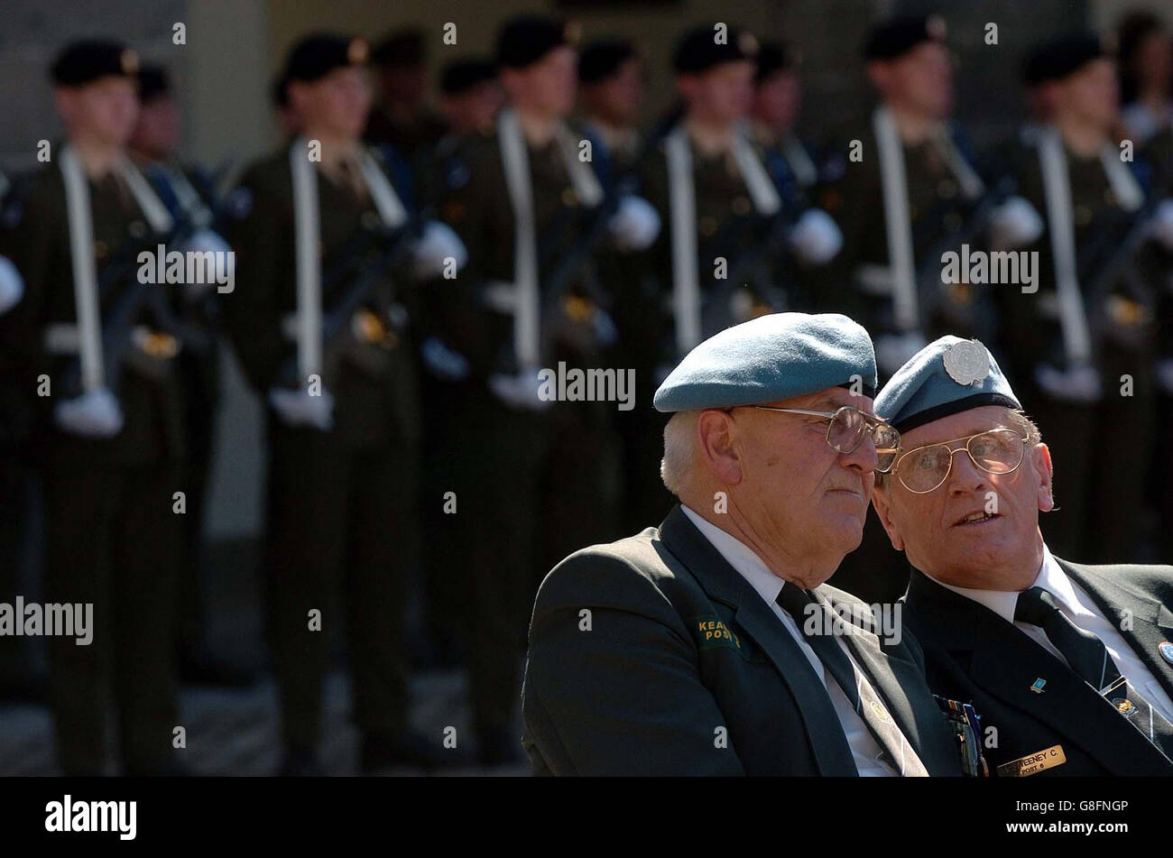 William Keane (left) and Cyril McSweeney who are both members of the United Nations Veterans Association, and served in the Congo, Cyprus, Lebanon and Sinai, share a moment at the National Day of Commemoration ceremonies, at the Royal Hospital in Kilmainham. Stock Photo