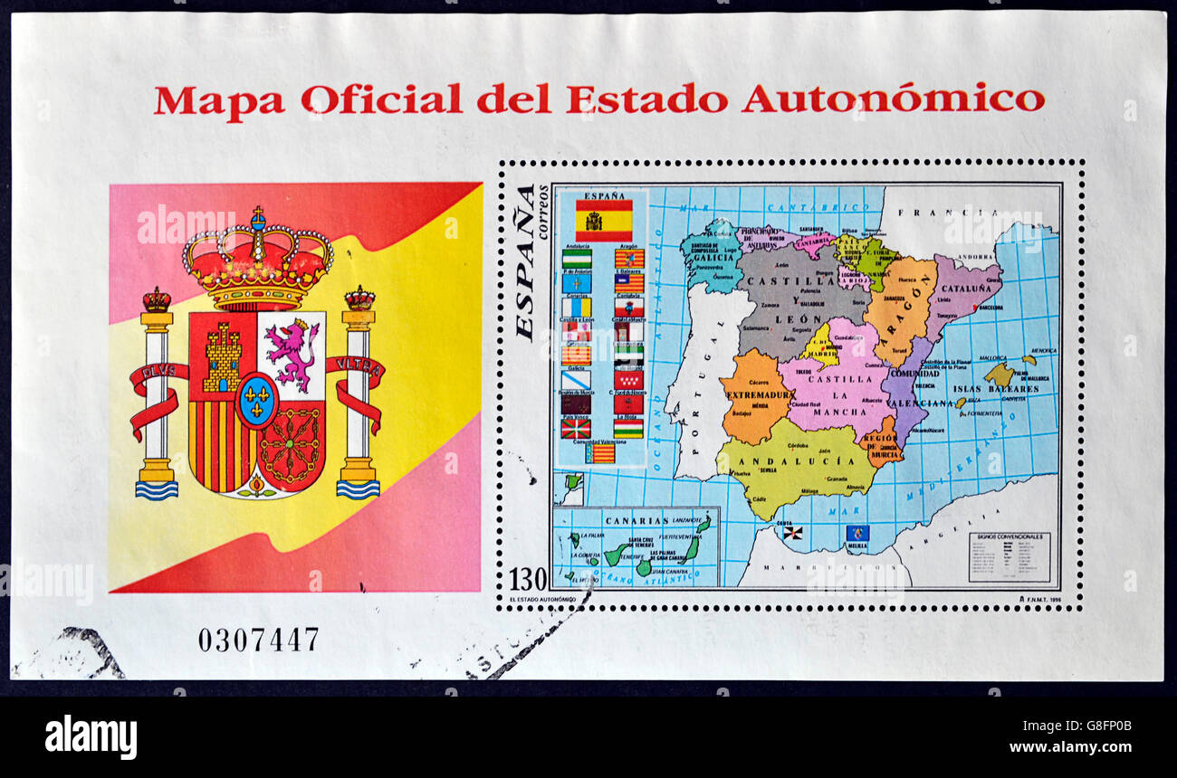 SPAIN - CIRCA 1996: A stamp printed in Spain shows the official map of Spain with the Autonomous Communities, circa 1996 Stock Photo